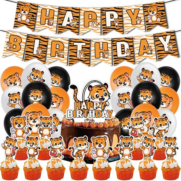 Tiger Party Decorations Tiger Birthday Party Supplies Includes HAPPY BIRTHDAY Banner Balloons Cake Topper Cupcake Toppers for Tiger Birthday Decorations Zoo Animals Party