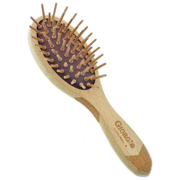 Giorgio Eco Friendly Wooden Bristle Hairbrush - Small Detangling Brush and Hair Growth Brush for Thick or Long Hair - Oval Paddle Hair Brush Made with Anti Static Beechwood, Silicone Massage Cushion