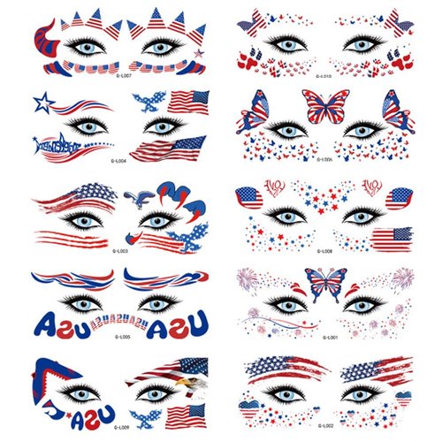 VICIYOO 4th of July Temporary Tattoos 10 Sheets Independence Day Face Tattoos American Flag Butterfly Heart Shapes Tattoo Stickers Patriotic Fake Tattoos for Adults Kids Party Supplies