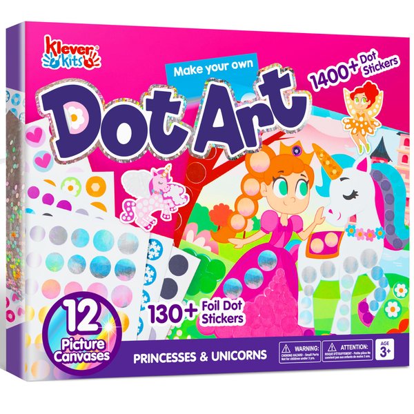 Klever Kits Dot Art Kit for Kids, No Mess Sticker for Toddlers 3-7, Craft Kits, DIY Creative Activity, Travel Toy, Birthday for Boys Girls (Unicorns & Princess)