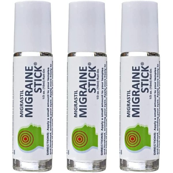 Basic Vigor Migrastil Migraine Stick® 3-Pack from Natural Migraine Roll-on. Made in The USA. with Peppermint, Spearmint and Lavender Essential Oils. (Regular Strength)