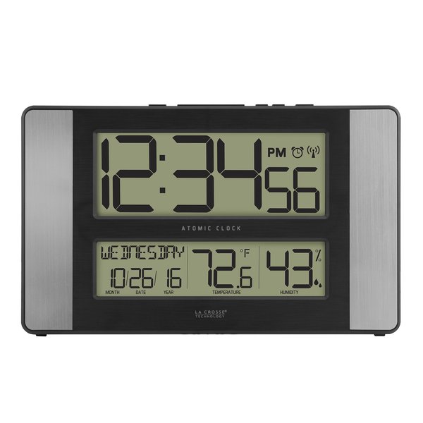 La Crosse Technology 513-1417H-AL-INT Atomic Clock with Temperature & Humidity, 11.10" L x 1.14" W x 6.61" H, Grey/Black