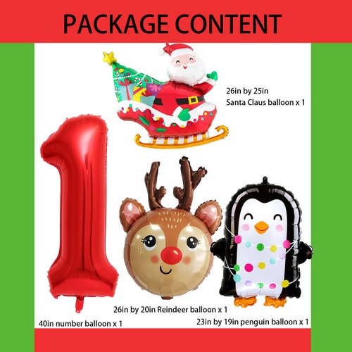 HADCKJA First Birthday Balloon Christmas Birthday Party Supplies Red Number 1 Reindeer Penguin Santa Claus Foil Balloon for Boy Girl Shower Decorations Birthday Party Decorations 4Pcs