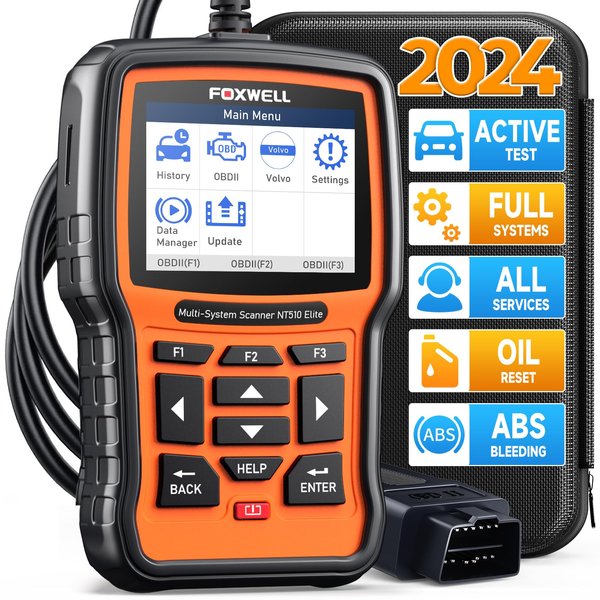 2014 FOXWELL NT510 Elite Fit for Volvo Scan Tool, Full Systems Fault Code Reader OBD2 Diagnostic Scanner Tool with Bi-Directional Control, All Service Reprogram Throttle Airbag Oil EPB Reset EVAP Test