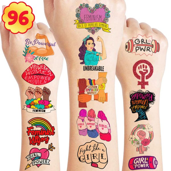 96PCS Funny Girly Feminist Temporary Tattoos Stickers Birthday Party Decorations Supplies Favors Decor Women Power Rights Gender Equality Tattoo Gifts For Adults Kids Girls Boys School Prizes Carnival