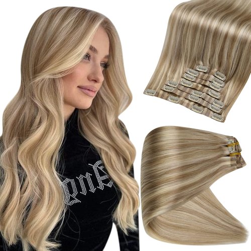 Full Shine Clip In Hair Extensions Color 16 And 22 Highlighted Blonde 8 Pcs Seamless Clip Extensions Hair For Women 120 Gram Clip on Hair Extensions Human Hair Straight Remy Hair 18 Inch