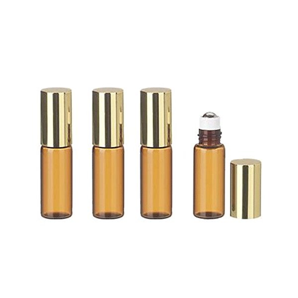Grand Parfums 6 Pcs Thin Tall Amber Glass Brown 3ml Roll on Bottle with Gold Metallic Caps for Essential Oil Steel Metal Roller Ball for Travel