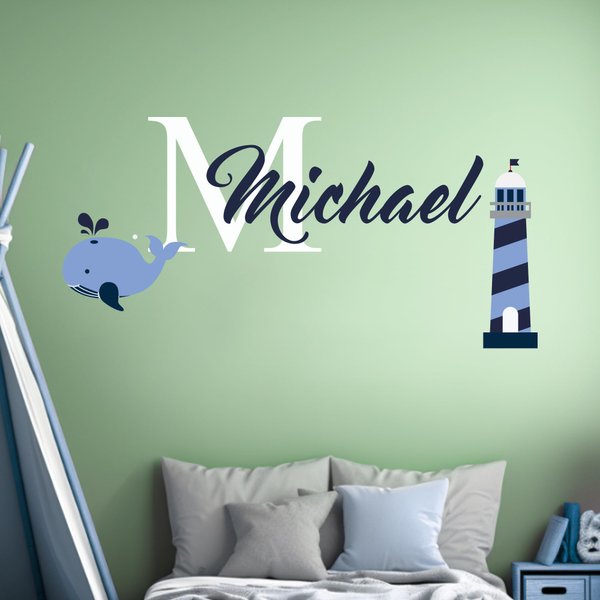Custom Name Lighthouse and Whale Animal Series - Nautical Theme - Baby Boy - Wall Decal Nursery for Home Bedroom Children (MM12) (Wide 30"x15" Height)