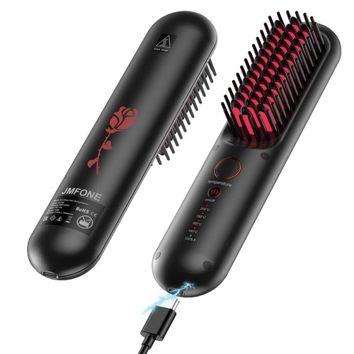 JMFONE Cordless Mini Hair Straightener Brush - USB Rechargeable Portable Straighening Hot Comb for Quick Heat & Travel Size - Flat Iron Straightening Comb for Home/Travel/Outdoor Use
