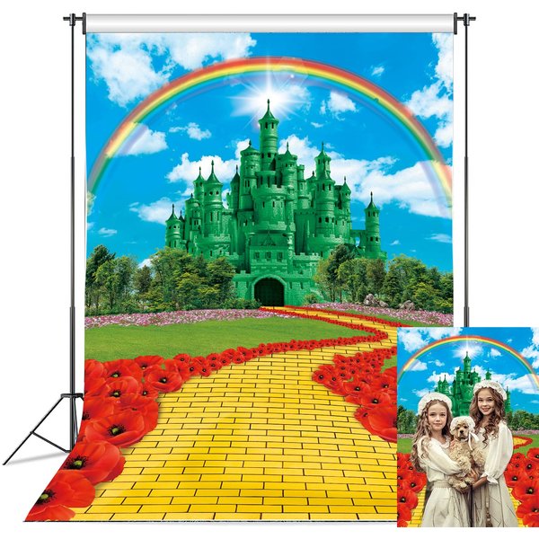 Green Castle Yellow Brick Road Backdrop for Party Decorations 6x8FT Rainbow Floral Castle Gold Brick Road Photography Background Baby Shower Princess Party Decorations Supplies