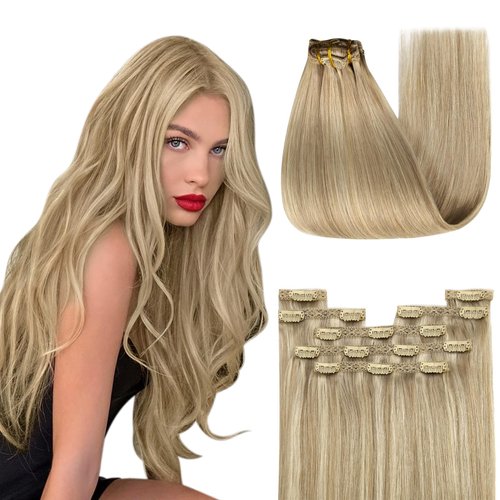 YoungSee Blonde Highlight Clip on Hair Extensions Clip in Human Hair Extensions Dark Ash Blonde Highlights Golden Blonde Clip in Real Hair Extensions Blonde Highlight 16Inch 7Pcs 120G