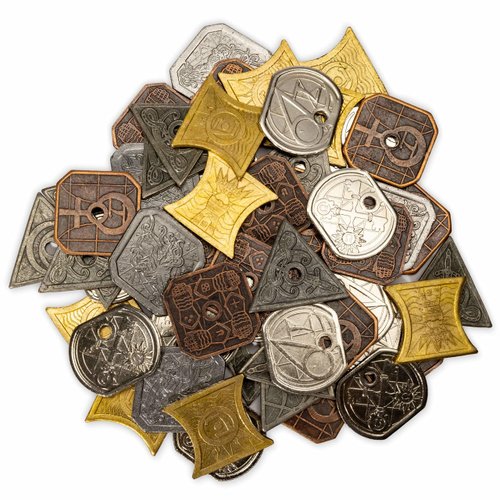 Stratagem King's Coffers 60 Assorted Fantasy Coins - Real Metal Tabletop RPG Currency with Velvet Pouch - Board Game Accessories Compatible with 5E