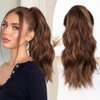 ALXNAN Ponytail Extension,16 Inch Claw Ponytail Hair Extensions for Women，Claw Clip in Long Wavy Synthetic Deep Brown with Dirty Blonde Ponytail Extension for Daily Use.
