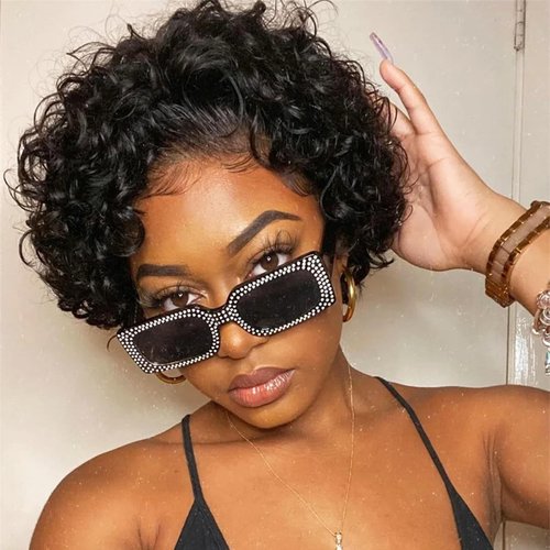 Pixie Cut Wig Pre Plucked Hairline Short Curly Human Hair Wig Glueless Transparent HD Lace Front Wigs for Black Women Free Part Brazilian Jerry Curly Virgin Hair 200% Density Natural Color 6 Inch