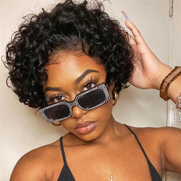 Pixie Cut Wig Pre Plucked Hairline Short Curly Human Hair Wig Glueless Transparent HD Lace Front Wigs for Black Women Free Part Brazilian Jerry Curly Virgin Hair 200% Density Natural Color 6 Inch