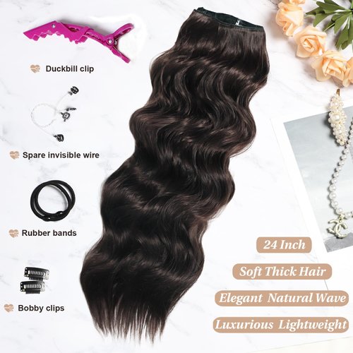 SilkStrands Invisible Wire Hair Extensions with Adjustable 4 Secure Clips 24 Inch Secret Halo Hair Extensions on Soft Transparent Lace Dark Brown Hair Extensions Long Wavy Hair Extensions for Women