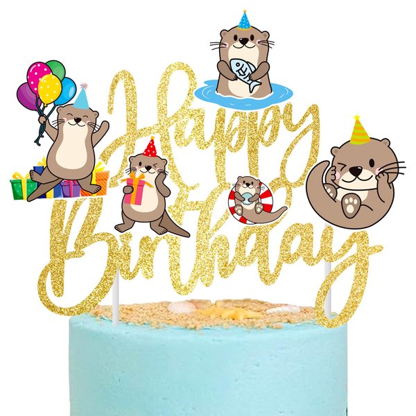 Sea Otter Happy Birthday Cake Topper Gold Glitter Sea Animal Birthday Party Decorations Sea and River Little Otter Theme Cake Decorations for Ocean Sea Aniaml Party Baby Shower Supplies