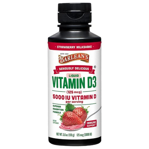 Barlean's Liquid Vitamin D, 5000 IU D3, Strawberry Milkshake Flavored for Kids and Adults, Maximum Absorption, Non-GMO, Gluten-Free - 5.6 oz