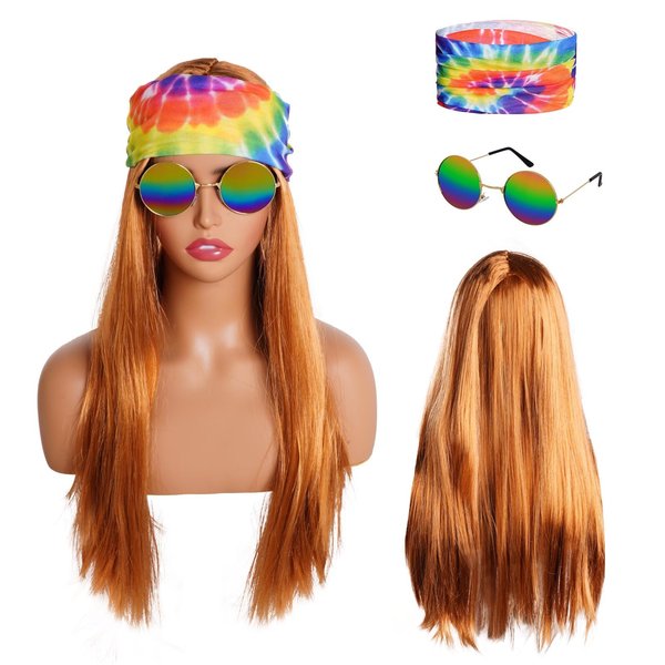 Miayon Hippie Costume Wig with Bandana Tie Dye Headband Rainbow Sunglasses 60s 70s Hippie Outfits Halloween Cosplay Accessories for Women Men