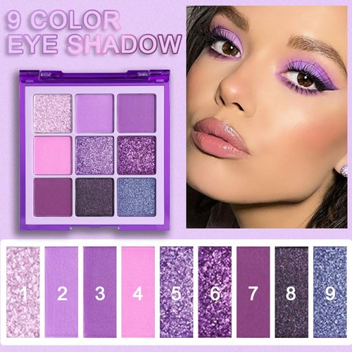 Purple Pink Lavender Glitter Shimmer Eye Shadow Makeup Palette ,9 Colors Highly Pigmented Waterproof Violet Mauve Dark Purple Silver Pearl White Glitter Shimmer Sparkling Party Eyeshadow (9-purple)