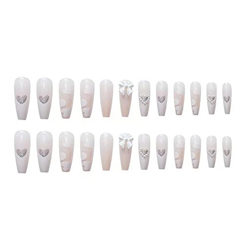 Valentines White Long Press On Nails French Pearl 3D Peach Heart Bowknot Coffin Fake Nails 24 Pcs