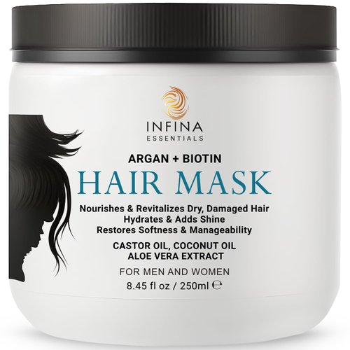 INFINA ESSENTIALS Argan Oil Hair Mask with Biotin - Intensive Hydrating Treatment & Deep Conditioning for Dry, Damaged Hair, Encourages Hair Growth - All Hair Types, Men & Women - 8.45 fl oz