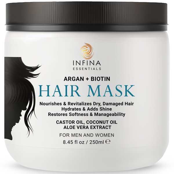INFINA ESSENTIALS Argan Oil Hair Mask with Biotin - Intensive Hydrating Treatment & Deep Conditioning for Dry, Damaged Hair, Encourages Hair Growth - All Hair Types, Men & Women - 8.45 fl oz