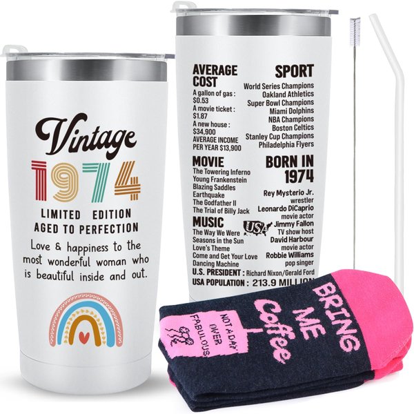 Jettryran 50th Birthday Gifts for Women Parents 50 Years Old Gifts- 20 oz Double-sided Vintage 1974 with Time Information Tumbler Cup（white） Turning 50- TW004