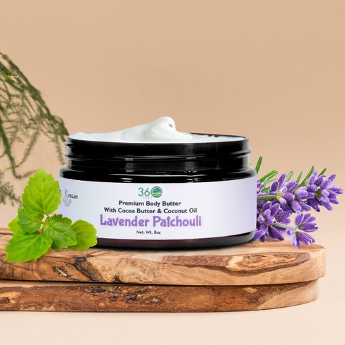 360Feel Lavender Patchouli Body Butter - Nourishing Moisturizer with Cocoa & Shea Butter - Coconut & Jojoba Oil - Plant-based Sensitive Skin Cream with Natural Ingredients