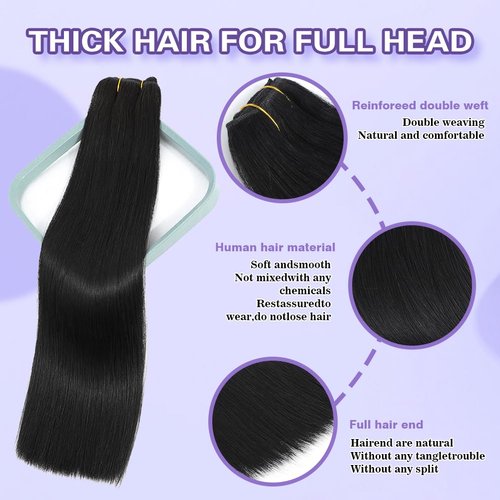 Clip-In Jet Black Straight Brazilian Remy Hair Extensions - 8pcs Double Weft, 100% Real Human Hair, 18Inch