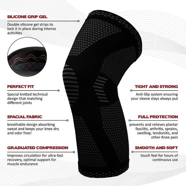 Kemett Knee Brace Support Compression Sleeves, Straps for Running,Jogging, Cross Fit, Sports, Joint Pain Relief, Arthritis and Injury Recovery pads and more.