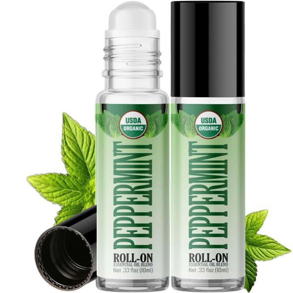 Healing Solutions HSO - Organic Peppermint Essential Oil Roll On (2 Pack) USDA Certified, Topical, Body and Foot Care