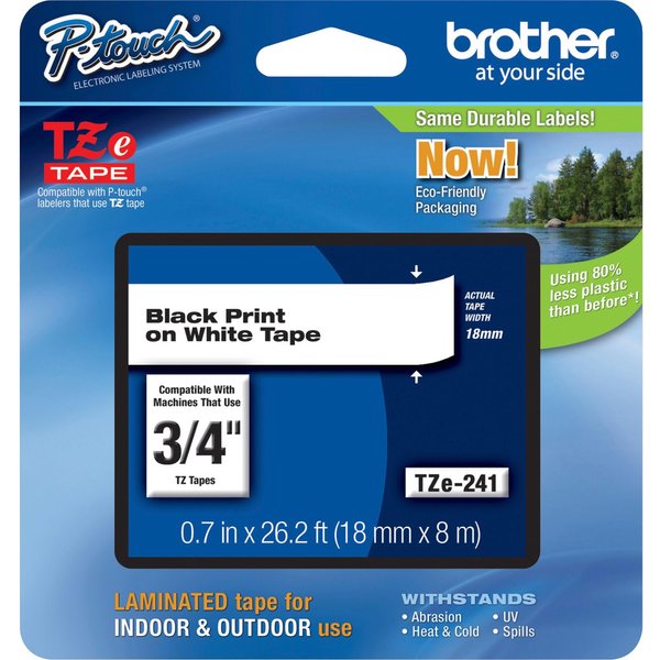 Brother Genuine P-Touch TZE-241 Tape, 3/4" (0.70") Standard Laminated P-Touch Tape, Black on White, Perfect for Indoor or Outdoor Use, Water Resistant, 26.2 Feet (8M), Single-Pack