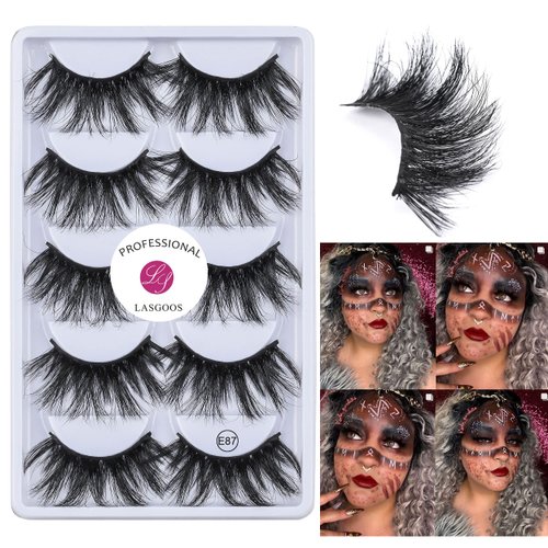 Mink Lashes 25mm False Eyelashes LASGOOS Siberian Luxurious Soft Cross Thick Very Long Wedding Dram Party 5 Pairs Pack 3D Fake Eye Lashes (E87-5)