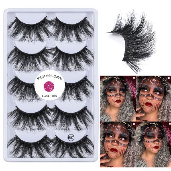 Mink Lashes 25mm False Eyelashes LASGOOS Siberian Luxurious Soft Cross Thick Very Long Wedding Dram Party 5 Pairs Pack 3D Fake Eye Lashes (E87-5)