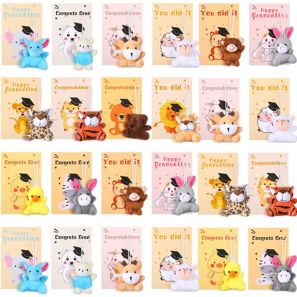 Zhanmai Mini Animal Plush Toy Graduation Cards Gift Set, Cute Small Stuffed Animal Keychain Set, School Graduation Classroom Exchange Gifts, Teacher Student Award Party Favors (Novel Style, 36 Set)