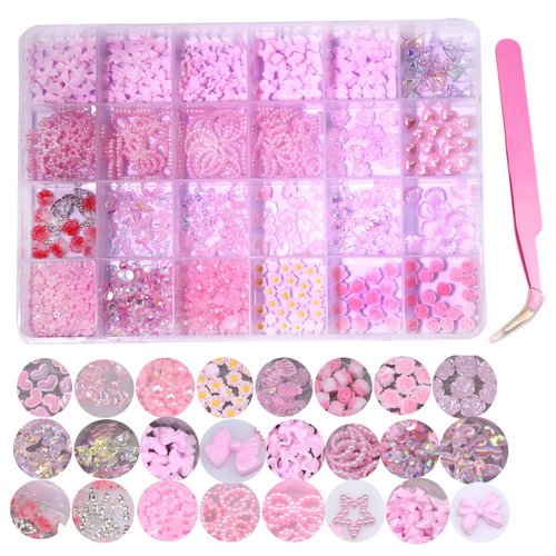 Pink 3D Nail Charms and Gems Flatback Nail Pearls Set, 8 Styles Nail Bows Charm, 8 Nail flowers Butterlies, Star Heart Moon Shell Bear Cute Nail Jewels, Nail Rhinestone for DIY Nail Art Tweezer