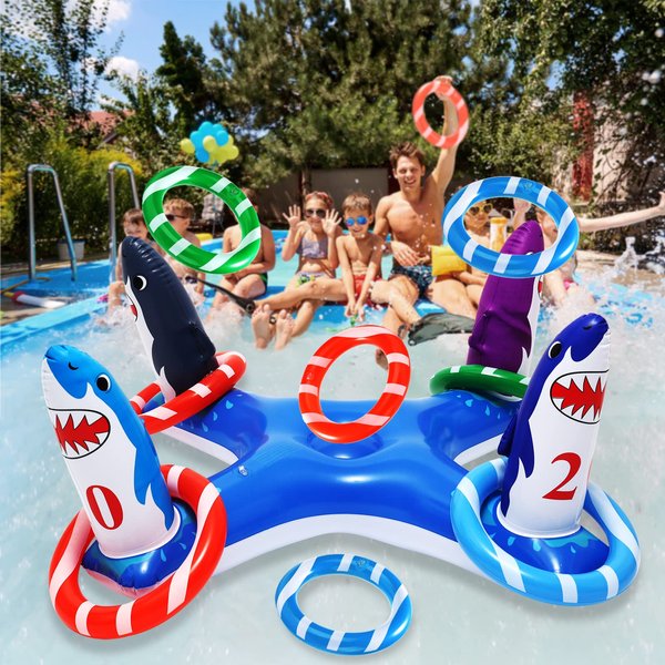 Pool Toys Inflatable Ring Toss Games with 6 Rings, Flamingo Shark Pool Ring Toss Game Summer Pool Toys Party Games for Kids and Adults (Shark-Blue)
