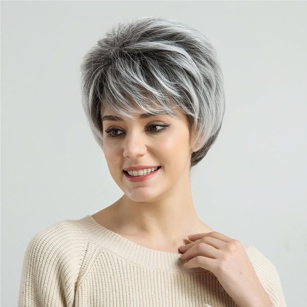 SCENTW Pixie Cut Wig Silver Grey Wigs Short Straight Layered Slight Wavy Wig with Bangs Dark Gray with White Synthetic Wigs for Daily Party Costume Use