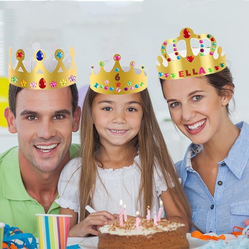 LAPOHI 46 Pcs Paper Crowns for Kids to Decorate Birthday Party Hats Gold for Boys Girls Jewels Gems Stickers DIY Crown Supplies