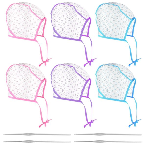 6 Pieces Highlight Caps for Hair Disposable Tipping Cap Plastic Hair Highlight Cap with 4 Pcs Hair Needles Crochet Hooks Hair Dye Cap for Dyeing Hair Hairdressing (Purple,Blue,Pink)