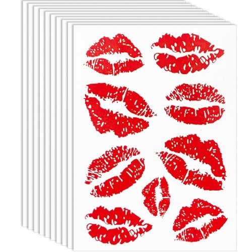 ZZXLLRO 10Sheets Valentines Temporary Tattoos, Red Fake Lips Stickers, Self-adhesive Waterproof Black Kiss Stickers for Adult Women Girls Face Body Decorations, 3.6" X 2.63"