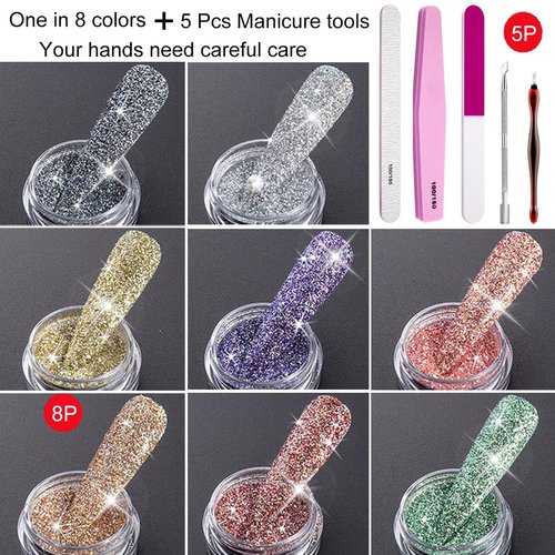 8 Colors Sparkling Crystal Diamond Nail Powder,5 PCS Nail Art Tools Nail File Buffer Stainless Steel Dual End Pusher,Nail Glitter Shiny Pigment Powder and Professional Pedicure Manicure Tools