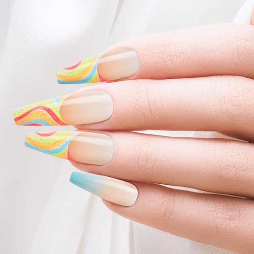 GoldFinger Trendy False Nails Kit, X-Long Coffin Design Nail, Fantasy French Tip Sky Blue Print, Ready to Wear Gel & Manicure Stick included, Long-Lasting Convenient & Easy to Apply