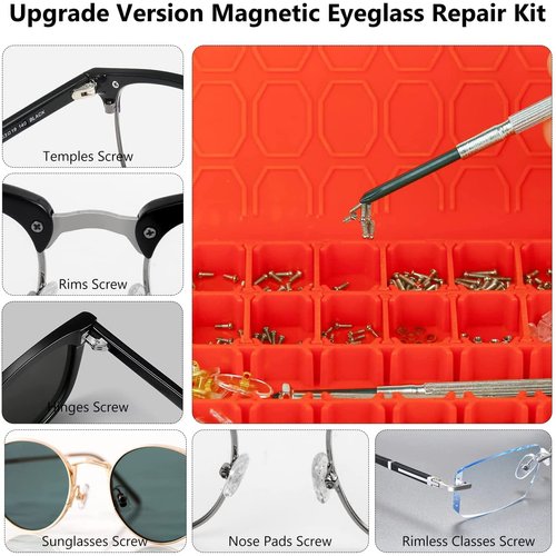 Magnetic Eye Glass Repairing Kit, Sunglasses Eyeglass Repair Kit with Eyeglass Screws，Include 10 Pairs of Screw-in Nose Pads, Screws, Screwdrivers, Tweezer and Cleaning Cloth for Glasses