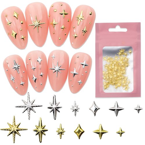 200pcs Gold Nail Art Charms Rivet Metal Six Pointed Star Shape Nail Charms Bling Starlight Series Gold Designs Nail Art Accessories for Acrylic Nails Japanese Alloy Nail Charms for Women