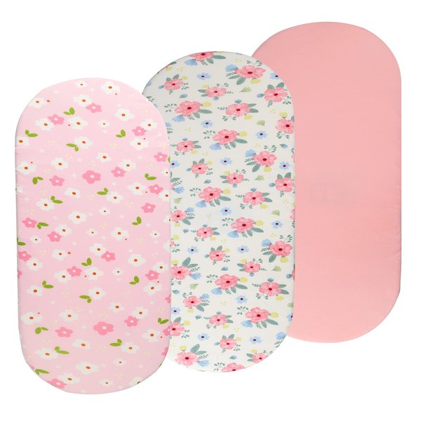 Bassinet Sheets Set 3 Pack for Baby Girl, Stretchy Soft Jersey Knitted Fitted Sheet Universal for Oval Rectangle and Hourglass Bassinet Mattress, Pink Floral