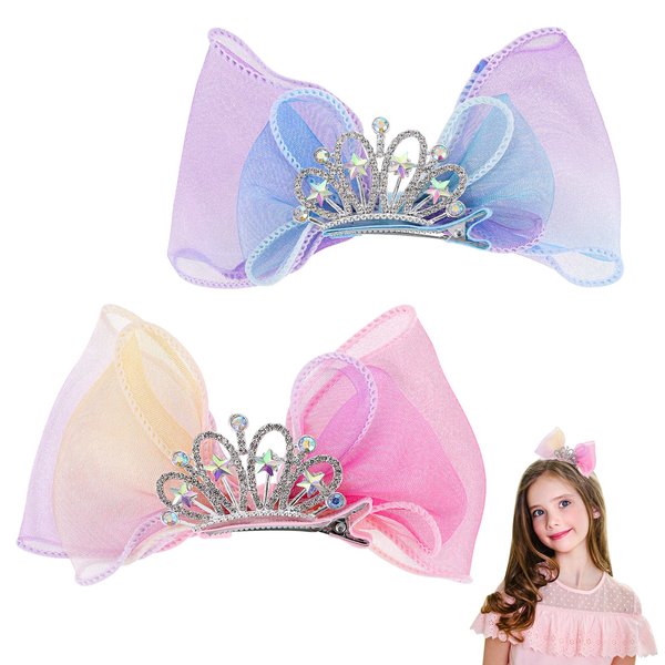 JIYIN 2 Pcs Crown Bow Hair Clips, Diamond Crown Hair Bows Princess Headband Metal Snap Sparkly Hair Styling Accessories for Girls & Kids Halloween Birthday Christmas Gift(Purple+Pink)