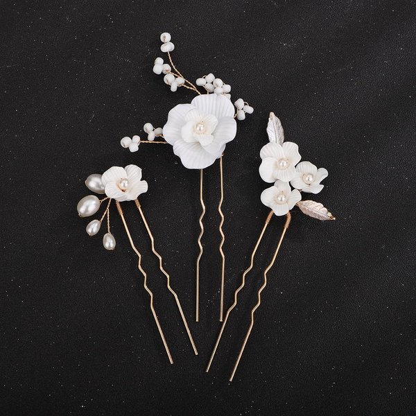 Teyglen 3pcs Wedding Hair Pins Bridal Flower Hair Pins Floral Flower Leaf Hair Pieces for Bride Pearl Hair Clips Dainty Headpiece Hair Accessories for Women Flower Girls (Gold)