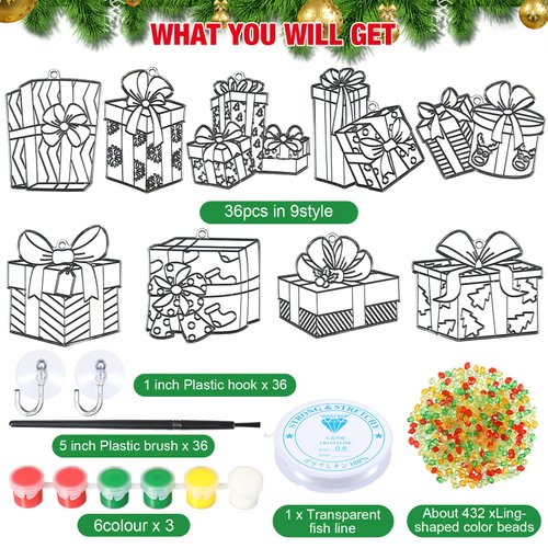 Capoda 36 Sets Christmas Suncatchers Xmas Gift Ornaments DIY Window Paint Art Suncatchers Santa Snowman Reindeer Sun Catchers Christmas Crafts Classroom Activities Art Project (Gift Box)